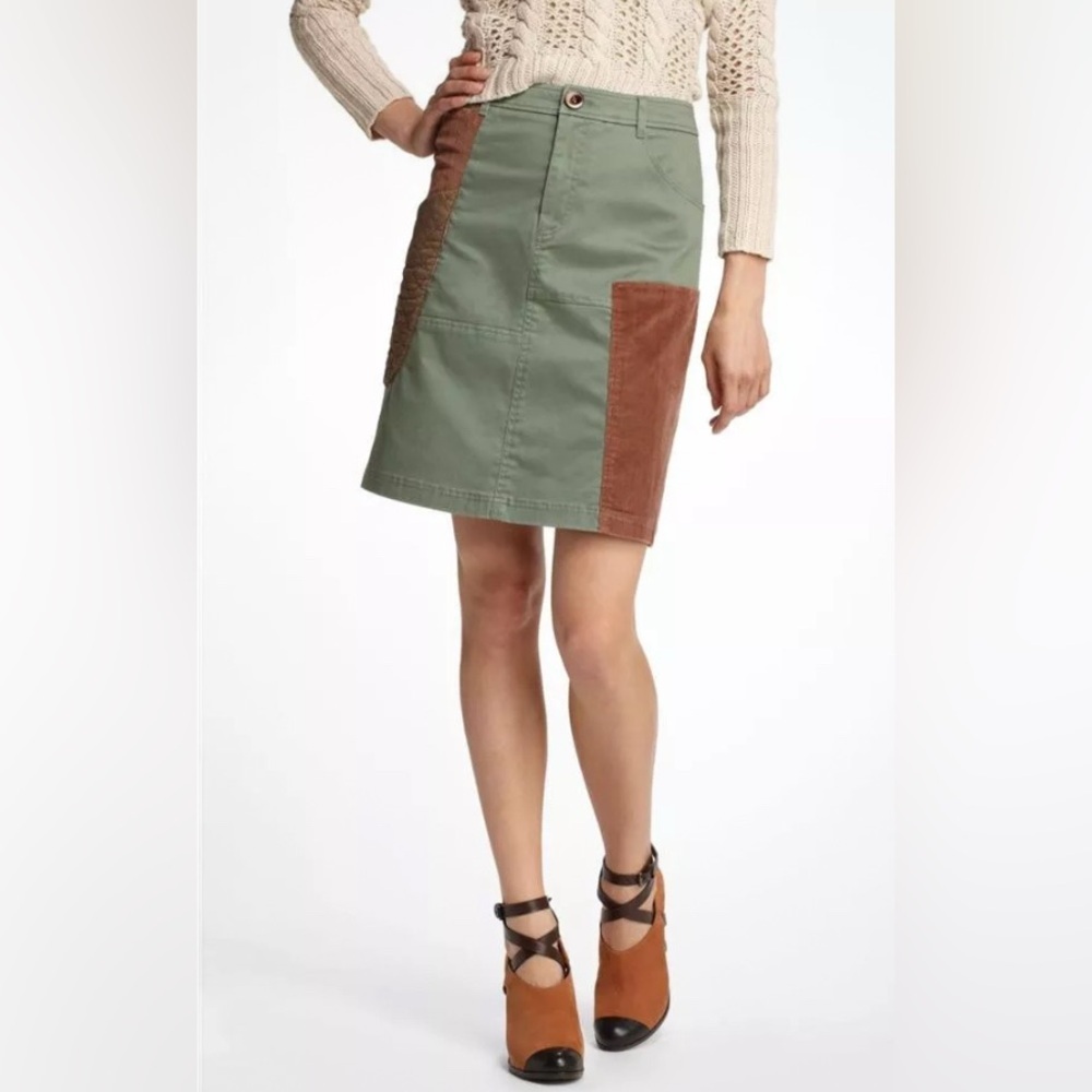 Meadow Rue Anthropologie Green Brown A-Line Patchwork Quilted Pocket Skirt Sz 4 - Picture 8 of 9